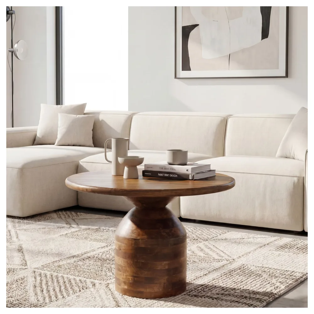 FineBuy Couchtisch Mango Massivholz 60cm Natur Rund - Design Wohnzimmertisch - Sofatisch Holz - Kaffeetisch Säulenfuß - Beistelltisch Massiv Handmade
