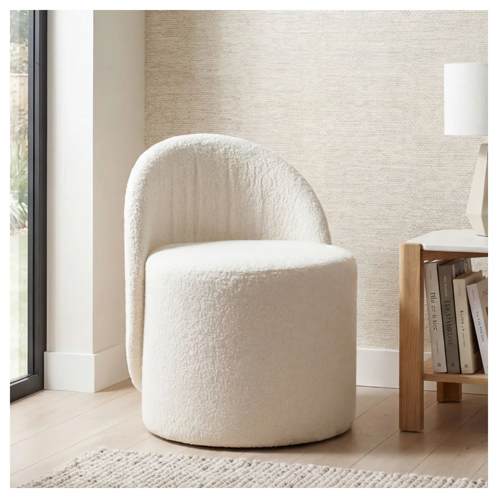 FineBuy Sitzhocker Teddy Stoff 40cm Creme Rund - Design Stoffhocker - Polsterhocker mit Rückenlehne - Schminktisch Hocker - Lounge Beistellhocker für Wohnzimmer Handmade