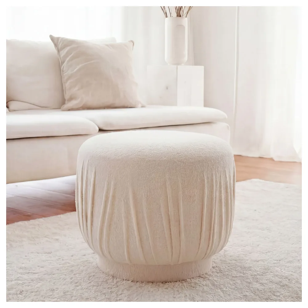 FineBuy Sitzhocker Stoff 50cm Creme Rund - Design Stoffhocker - Polsterhocker Faltenoptik - Schminktisch Hocker - Lounge Beistellhocker für Wohnzimmer Handmade