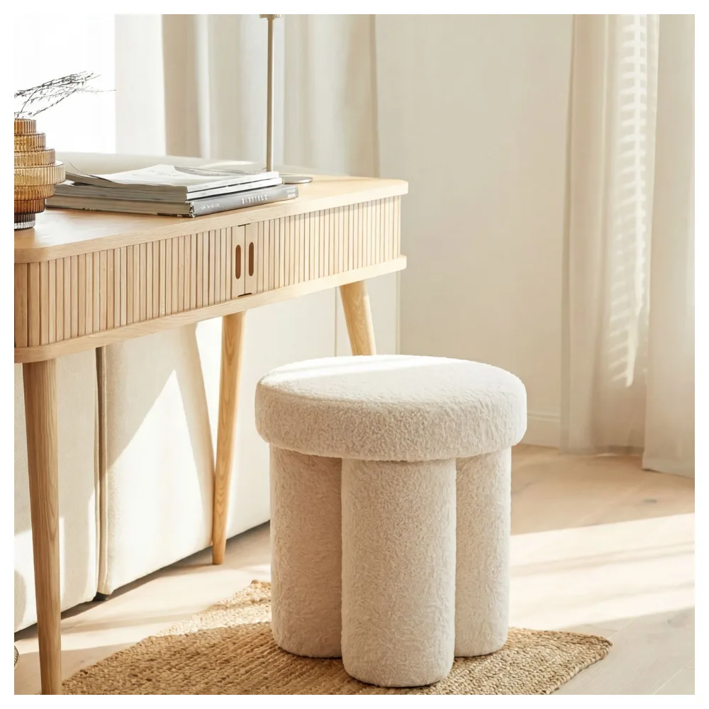 FineBuy Sitzhocker Teddy Stoff 40cm Creme Rund - Design Stoffhocker - Polsterhocker Faltenoptik - Schminktisch Hocker - Lounge Beistellhocker für Wohnzimmer Handmade