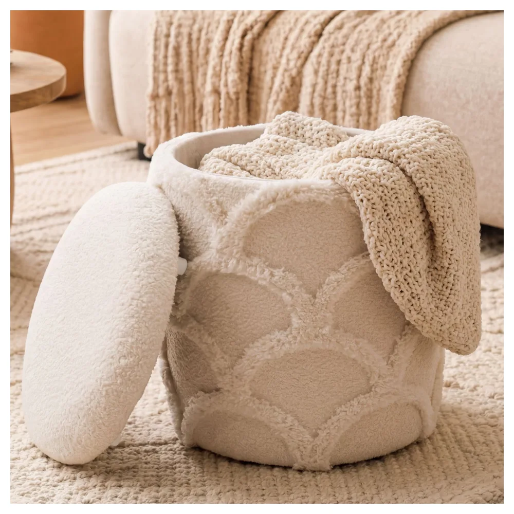 FineBuy Sitzhocker mit Stauraum aus Teddy Stoff 40cm Creme Weiß Rund - Design Boho Stoffhocker mit abnehmbarem Deckel - Polsterhocker Schminktisch Hocker - Beistellhocker für Wohnzimmer Handmade
