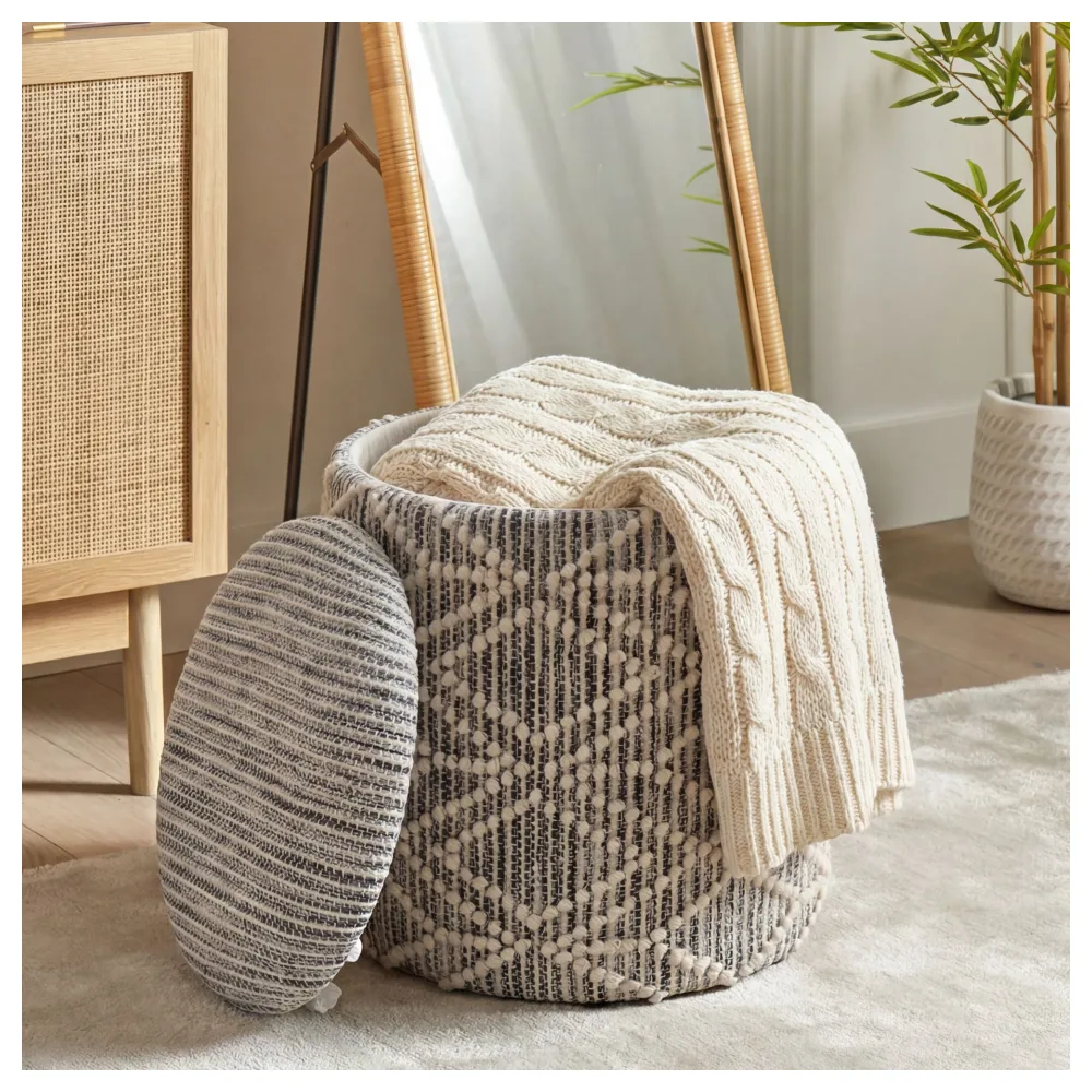 FineBuy Sitzhocker mit Stauraum aus Stoff 40cm Grau Rund - Design Boho Stoffhocker mit abnehmbarem Deckel - Polsterhocker Schminktisch Hocker - Beistellhocker für Wohnzimmer Handmade