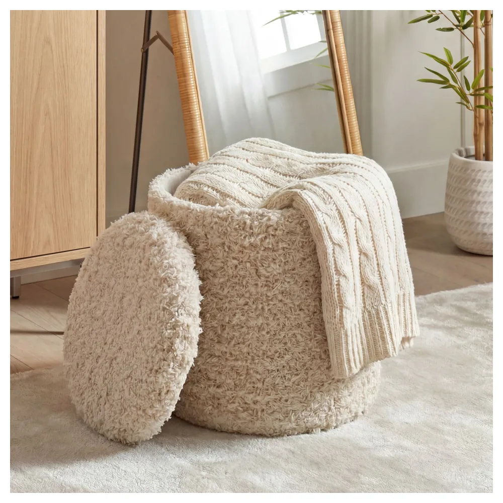 FineBuy Sitzhocker mit Stauraum aus Wolle 40cm Beige Stoff Rund - Design Boho Stoffhocker mit abnehmbarem Deckel - Polsterhocker Schminktisch Hocker - Beistellhocker für Wohnzimmer Handmade