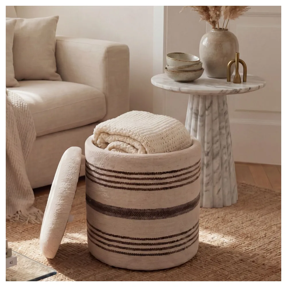 FineBuy Sitzhocker mit Stauraum aus Wolle 40cm Beige Stoff Rund - Design Boho Stoffhocker mit abnehmbarem Deckel - Polsterhocker Schminktisch Hocker - Beistellhocker für Wohnzimmer Handmade