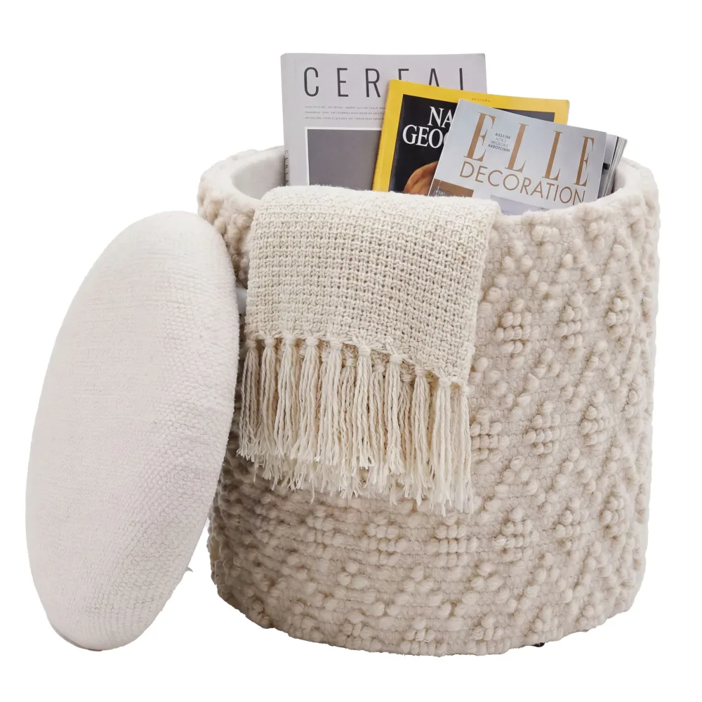 FineBuy Sitzhocker mit Stauraum aus Wolle 40cm Creme Stoff Rund - Design Boho Stoffhocker mit abnehmbarem Deckel - Polsterhocker Schminktisch Hocker - Beistellhocker für Wohnzimmer Handmade