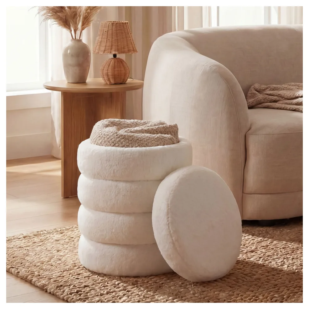 FineBuy Sitzhocker mit Stauraum aus Teddy Stoff 40cm Creme Rund - Design Boho Stoffhocker mit abnehmbarem Deckel - Polsterhocker Schminktisch Hocker - Beistellhocker für Wohnzimmer Handmade