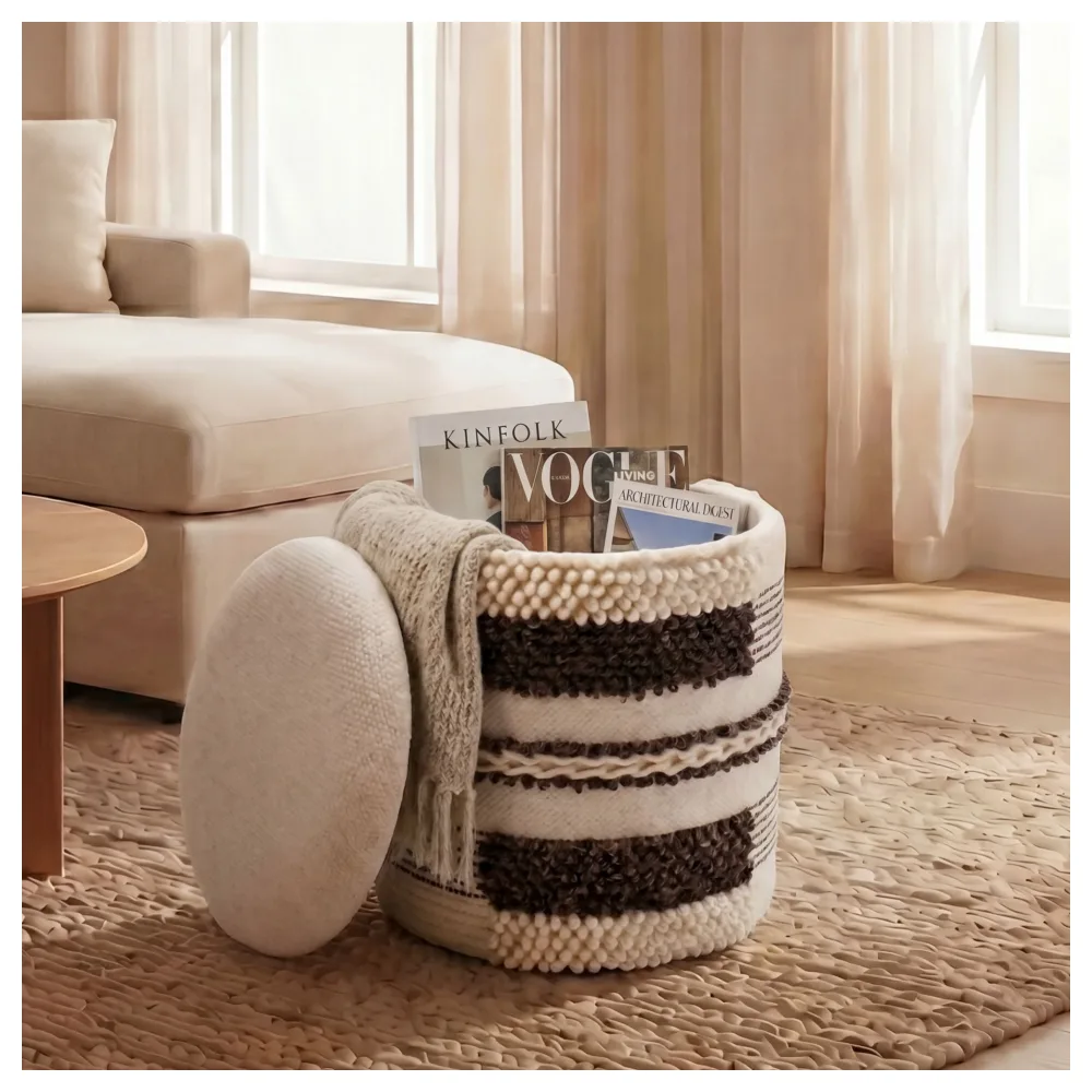 FineBuy Sitzhocker mit Stauraum aus Wolle 40cm Beige Stoff Rund - Design Boho Stoffhocker mit abnehmbarem Deckel - Polsterhocker Schminktisch Hocker - Beistellhocker für Wohnzimmer Handmade