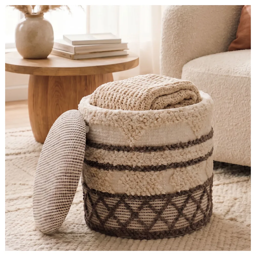 FineBuy Sitzhocker mit Stauraum aus Wolle 40cm Beige Stoff Rund - Design Boho Stoffhocker mit abnehmbarem Deckel - Polsterhocker Schminktisch Hocker - Beistellhocker für Wohnzimmer Handmade