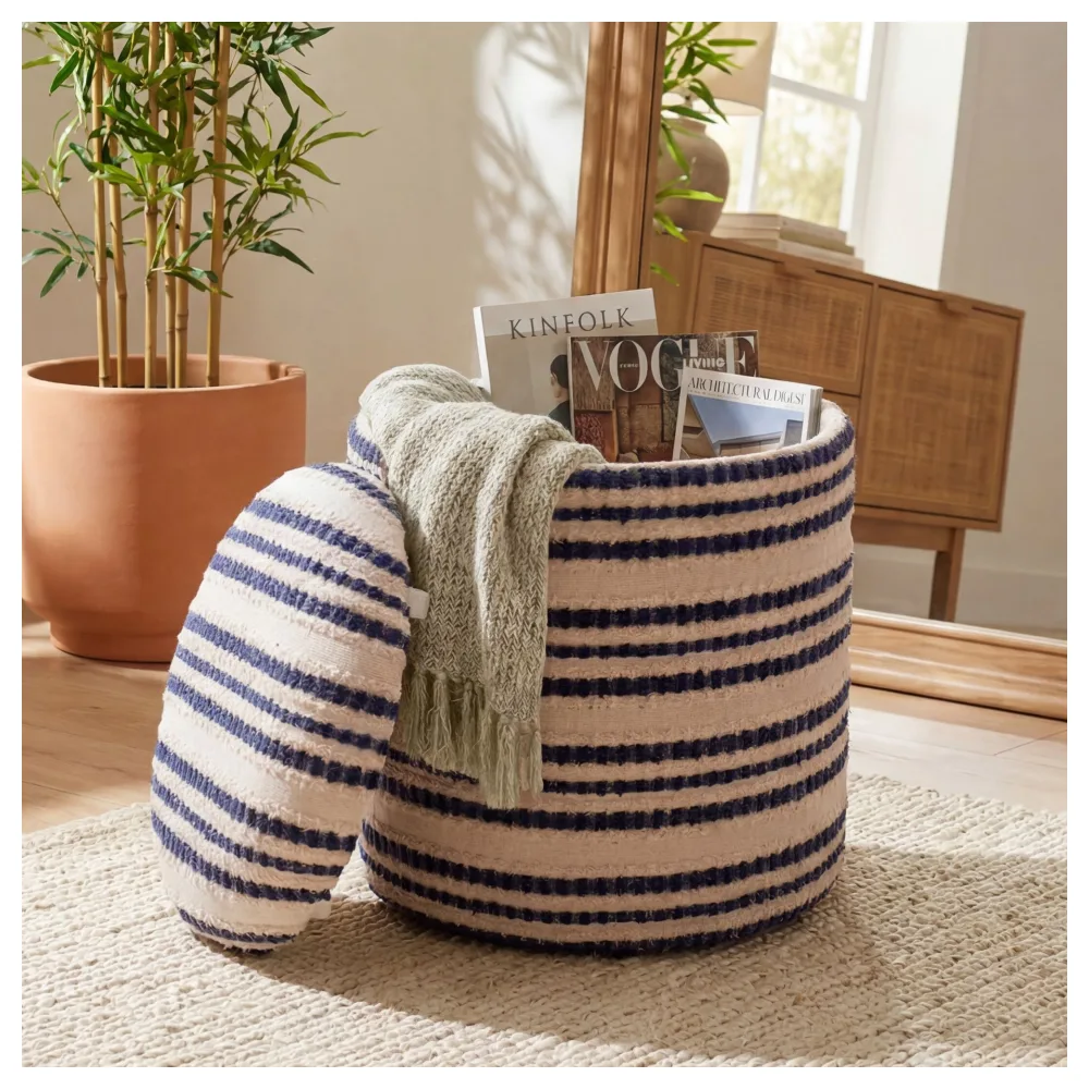 FineBuy Sitzhocker mit Stauraum aus Baumwolle 40cm Beige Stoff Rund - Design Boho Stoffhocker mit abnehmbarem Deckel - Polsterhocker Schminktisch Hocker - Beistellhocker für Wohnzimmer Handmade