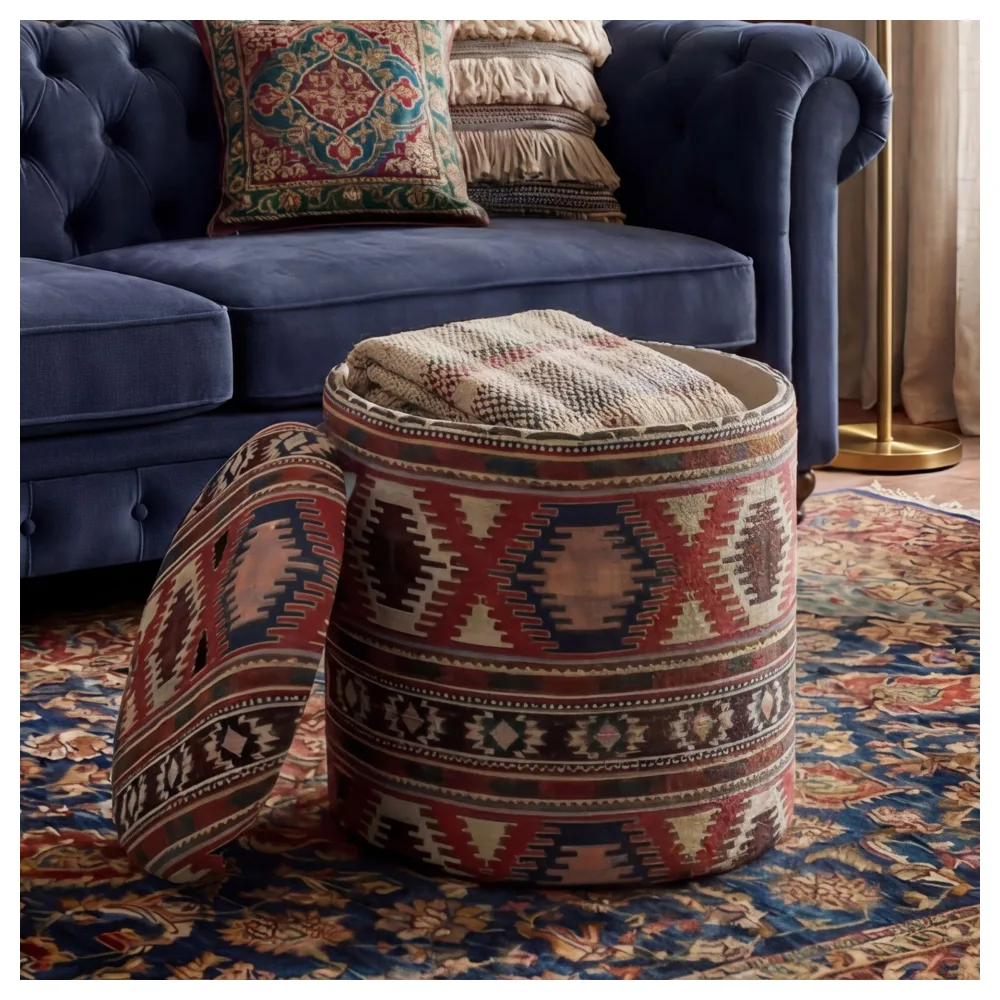 FineBuy Sitzhocker mit Stauraum aus Stoff 40cm Mehrfarbig Rund - Design Boho Stoffhocker mit abnehmbarem Deckel - Ethno Polsterhocker Schminktisch Hocker - Beistellhocker für Wohnzimmer Handmade