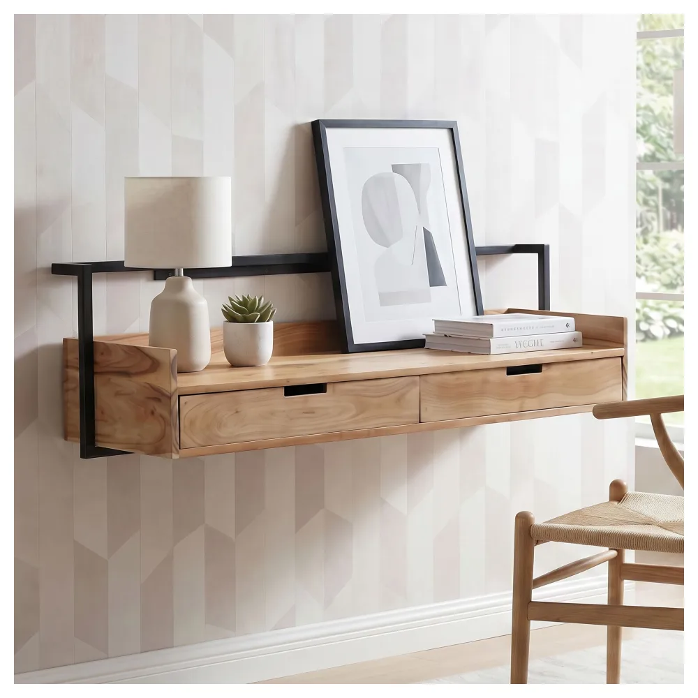 FineBuy Wandschreibtisch Akazie Massivholz 120cm mit 2 Schubladen - Design Schreibtisch für die Wand Hängend mit Stauraum - Schwebend Handmade