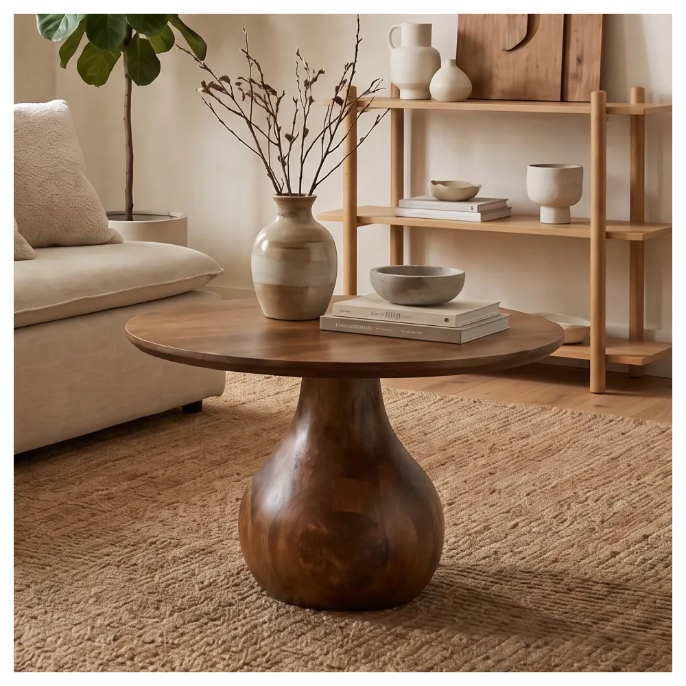 FineBuy Couchtisch Mango Massivholz 60cm Natur Rund - Design Wohnzimmertisch - Sofatisch Holz Kaffeetisch Tropfenform - Beistelltisch Teardrop Tisch Massiv Handmade