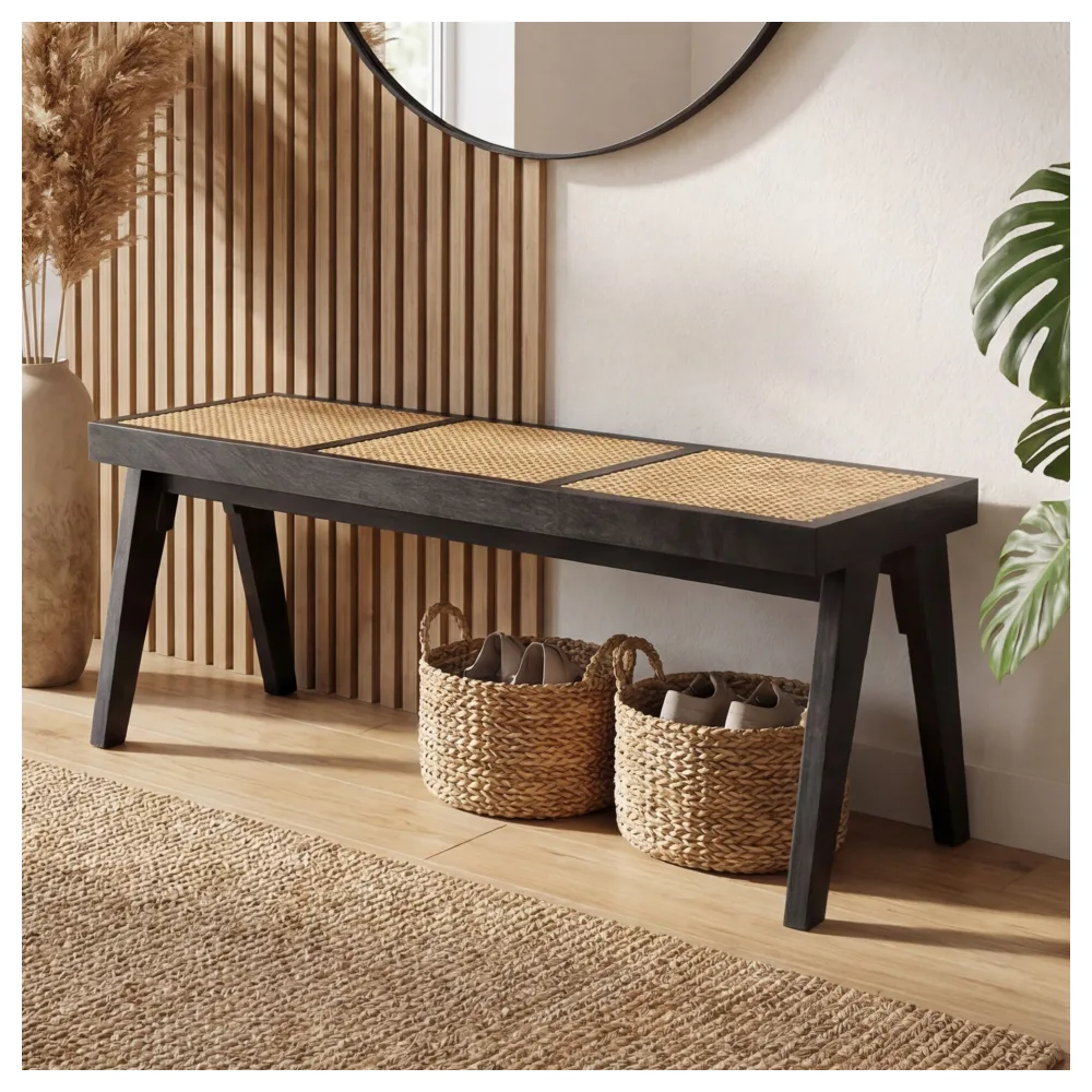FineBuy Sitzbank Rattan Akazie Massivholz 120cm Schwarz - Design Holzbank Wiener Geflecht - Bettbank Flurbank Retro - Esszimmerbank Bank Handmade