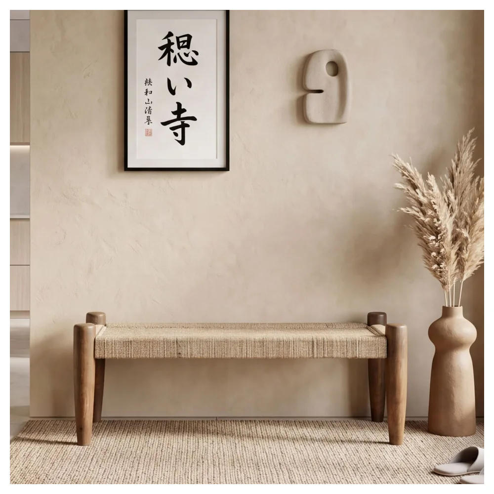 FineBuy Sitzbank 120cm Jute Mango Massivholz Braun - Flurbank Holzbank Eingangsbereich - Bettbank Dielenbank für den Flur - Schlafzimmer Belastbar bis 200 kg Handmade