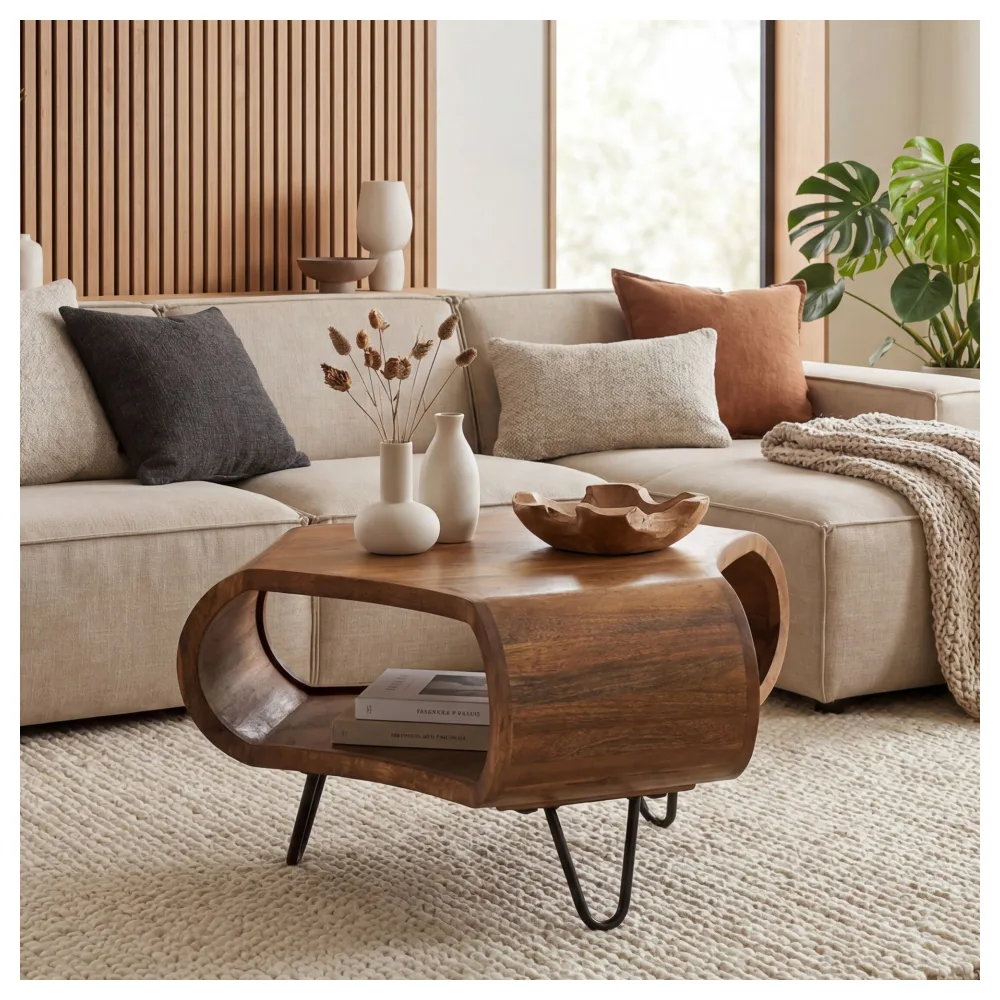 FineBuy Couchtisch Mango Massivholz 60cm Organische Form - Design Wohnzimmertisch mit Stauraum - Sofatisch mit Metallbeine - Beistelltisch mit Ablage Industrial Holz Handmade