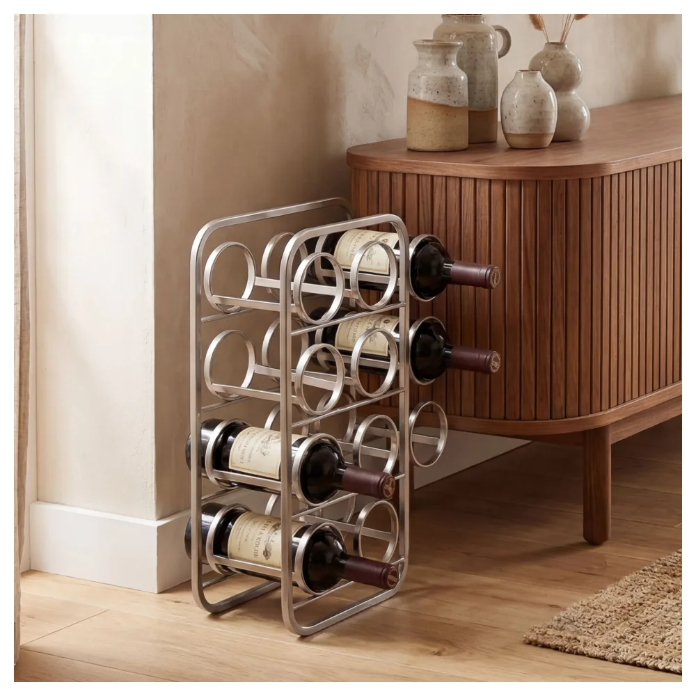 FineBuy Weinregal 47cm Silber Design Flaschenregal Metall - Flaschenhalter stehend für 11 Flaschen - Weinständer Modern Flaschenständer Handmade