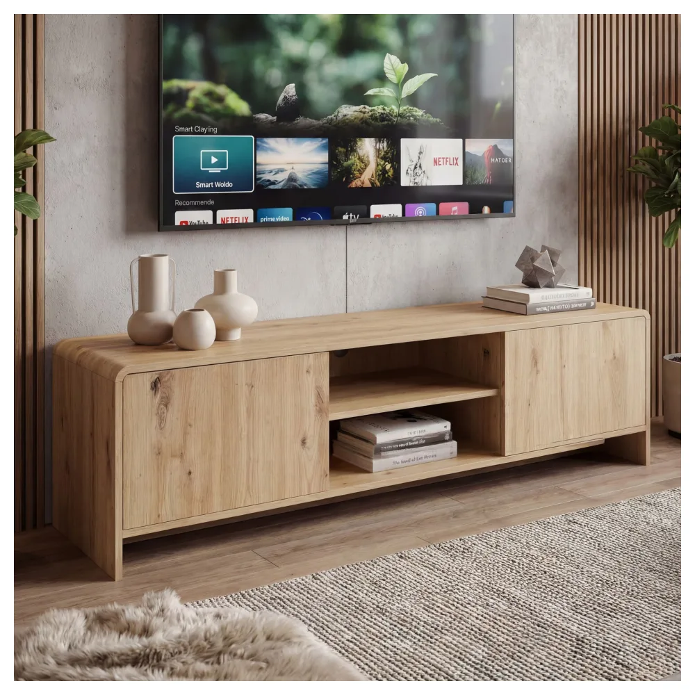 FineBuy TV Lowboard 155cm Eiche Dekor - Moderner Fernsehschrank mit 2 Türen und Ablage - Stilvolle Fernsehkommode TV Kommode - Elegante TV Anrichte fürs Wohnzimmer