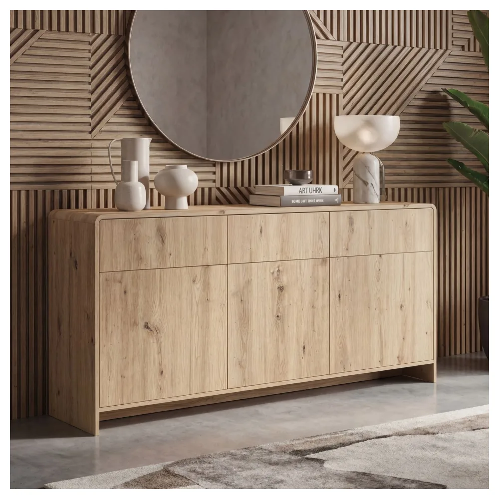 FineBuy Sideboard Eiche Dekor 155cm - Kommode mit 3 Türen und 3 Schubladen - Design Anrichte Grifflos Push to Open Modern