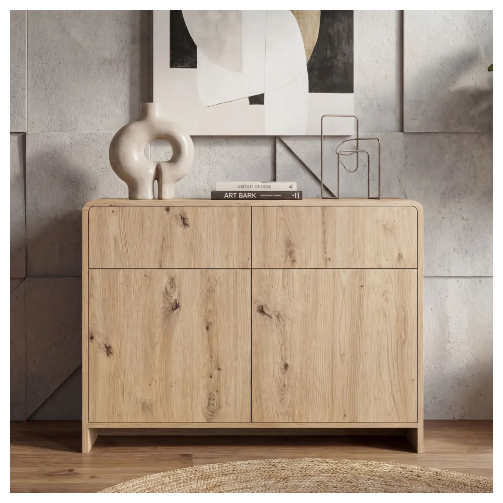 FineBuy Sideboard Eiche Dekor 88cm - Kommode mit 2 Türen und 2 Schubladen - Design Anrichte Grifflos Push to Open Modern