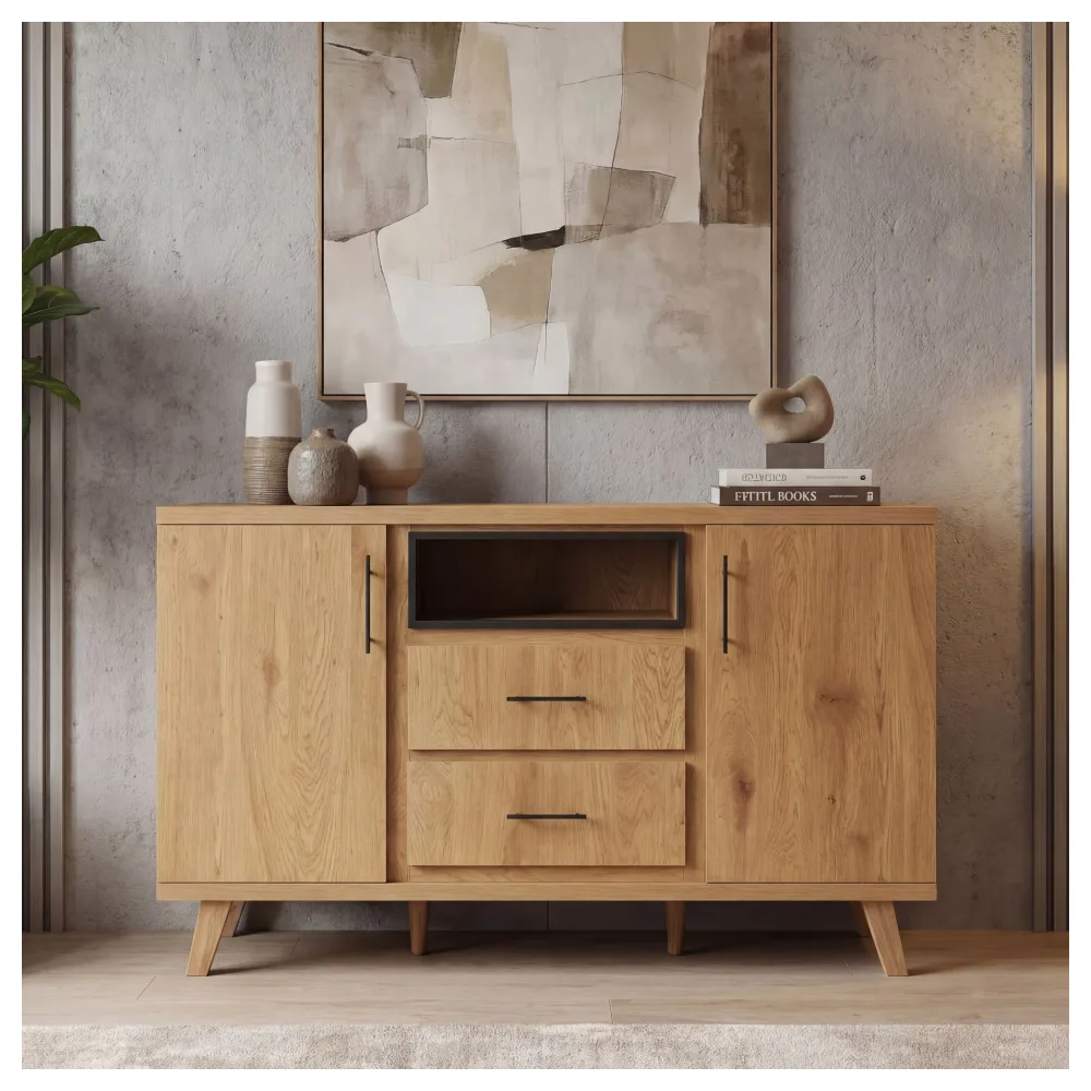FineBuy Sideboard Eiche Dekor 150cm - Kommode mit 2 Türen und 2 Schubladen - Design Anrichte offenes Ablagefach - Standschrank Modern