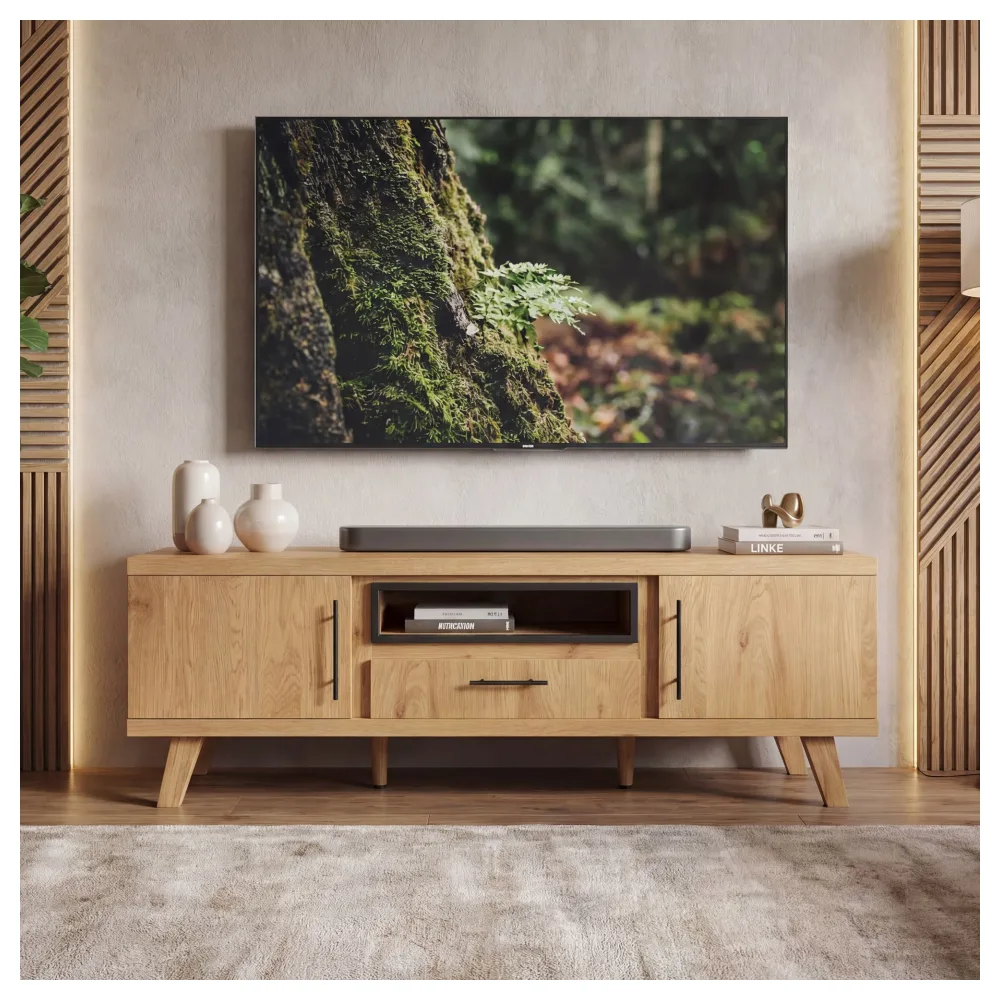 FineBuy TV Lowboard 150cm Eiche Dekor - Moderner Fernsehschrank mit 2 Türen und Schublade - Stilvolle Fernsehkommode TV Kommode - Elegante TV Anrichte fürs Wohnzimmer