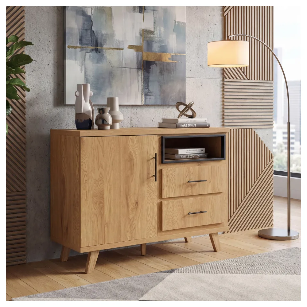 FineBuy Sideboard Eiche Dekor 116cm - Kommode mit Tür und 2 Schubladen - Design Anrichte offenes Ablagefach - Standschrank Modern