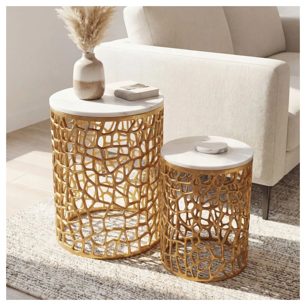FineBuy 2er Set Couchtisch Gold mit weißer Marmor Tischplatte - Wohnzimmer Tisch Satztisch rund - Beistelltisch Alu modern - Sofatisch Set Aluminium Metallgestell Design Handmade