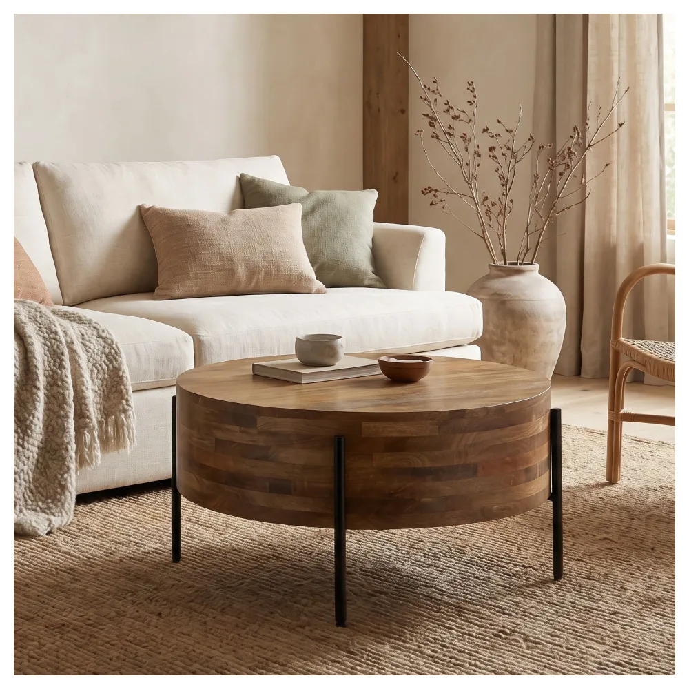 FineBuy Couchtisch 70cm Massivholz Mango - Wohnzimmertisch Rund - Sofatisch Modern Holz - Design Wohnzimmer Tisch Beistelltisch Handmade