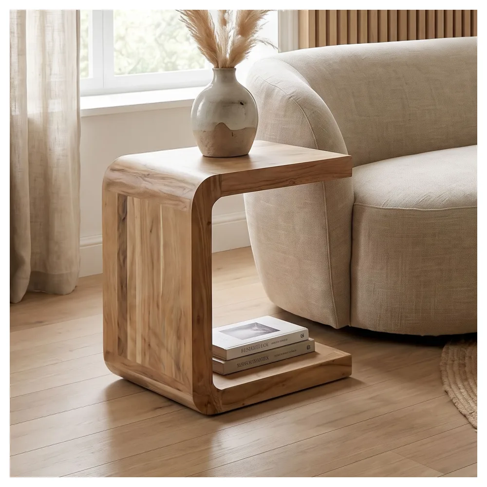 FineBuy Beistelltisch C Form Akazie Massivholz 45cm Anstelltisch Modern - Design Couchtisch Massiv - Kleiner Abstelltisch Holz - Wohnzimmertisch Kaffeetisch Handmade