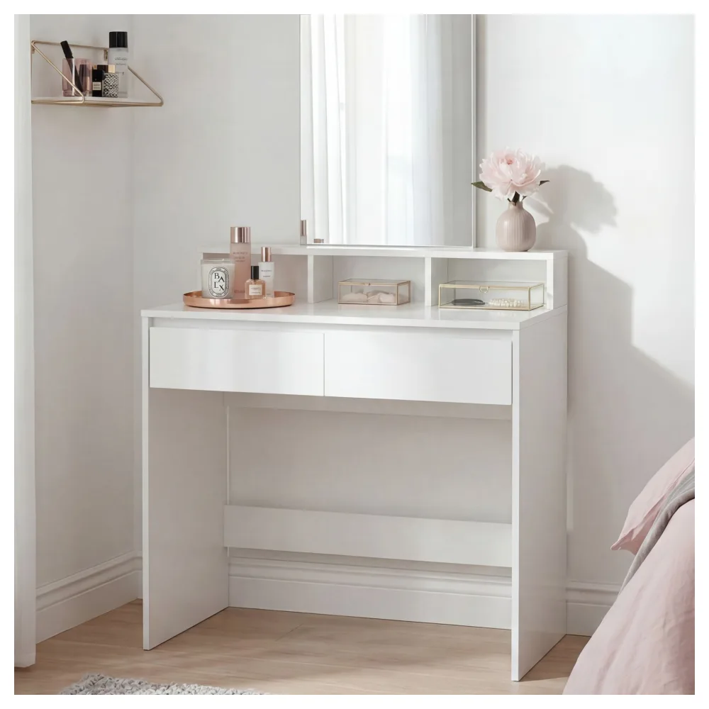 FineBuy Schminktisch 80cm Weiß Kosmetiktisch Modern - Frisiertisch mit Spiegel und Regal - Weiße Frisierkommode mit 2 Schubladen - Moderner Make-Up-Tisch Groß