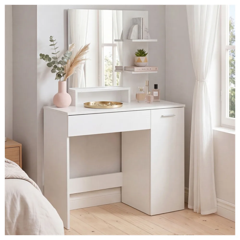 FineBuy Schminktisch 90cm Weiß Kosmetiktisch Modern - Frisiertisch mit Spiegel und Regal - Weiße Frisierkommode mit Schublade und Tür - Moderner Make-Up-Tisch Groß