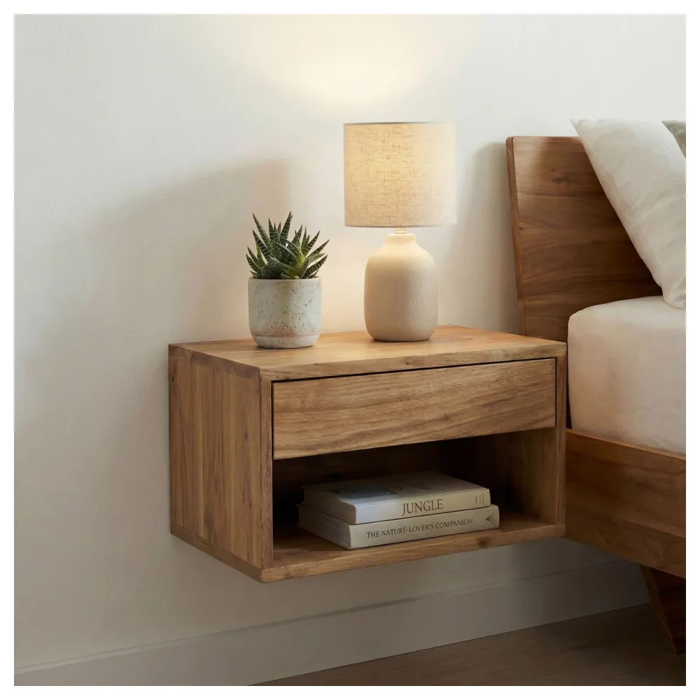 FineBuy Nachtkonsole für Wandmontage 50x35cm Akazie Massivholz Braun - Nachttisch mit Schublade und Ablagefach - Wandnachttisch Schwebend für Boxspringbett - Nachtkästchen Hängend Handmade