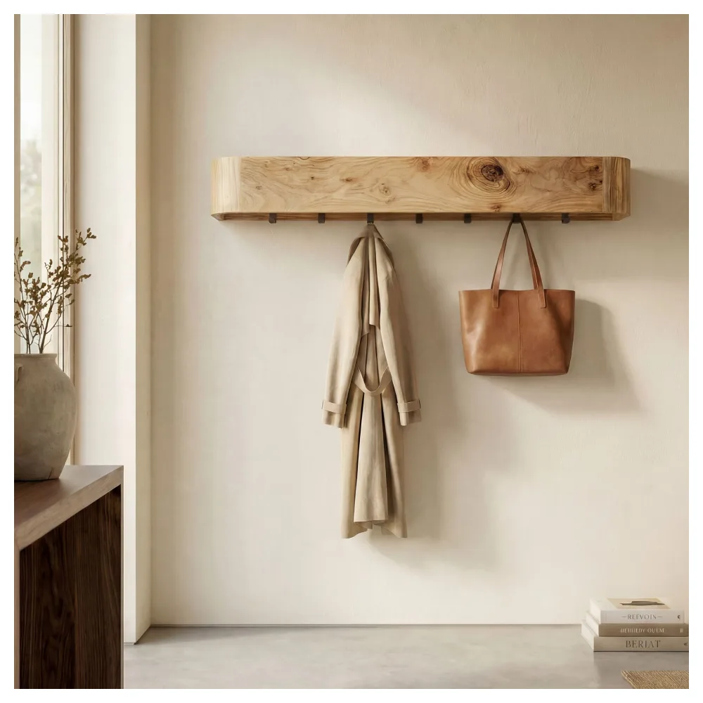 FineBuy Wandgarderobe Akazie Massivholz 100cm - Modernes Garderobenpaneel Hängegarderobe mit 7 Haken - Garderobenleiste Flurgarderobe Massiv Handgefertigt