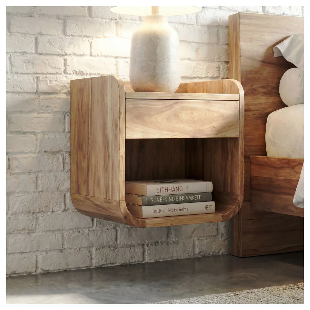FineBuy Nachtkonsole für Wandmontage 35x33cm Akazie Massivholz Braun - Nachttisch mit Schublade und Ablagefach - Wandnachttisch Schwebend für Boxspringbett - Nachtkästchen Hängend Handmade