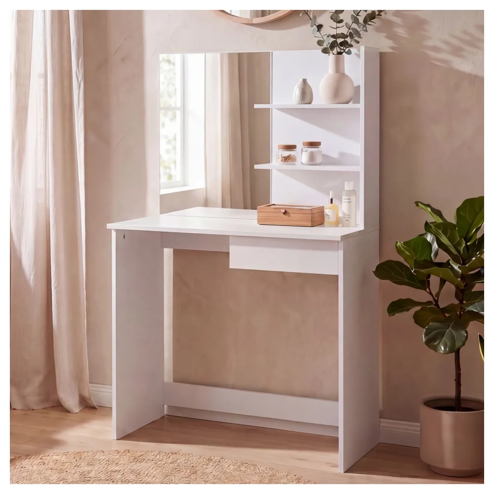 FineBuy Schminktisch 75cm Weiß Kosmetiktisch Modern - Frisiertisch mit Spiegel und Regal - Weiße Frisierkommode mit Schublade - Moderner Make-Up-Tisch Groß