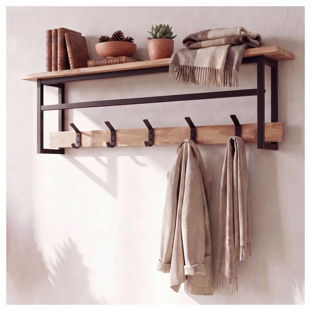 FineBuy Wandgarderobe Akazie Massivholz 100cm mit Ablage - Modernes Garderobenpaneel Hängegarderobe mit 5 Haken und Kleiderstange - Garderobenleiste Flurgarderobe Massiv Handmade