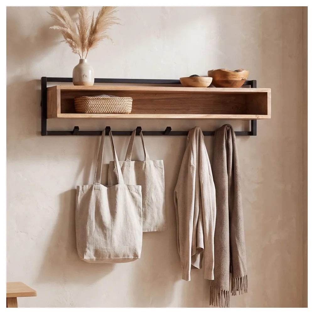 FineBuy Wandgarderobe Akazie Massivholz 90cm mit Ablage - Modernes Garderobenpaneel Hängegarderobe mit 6 Haken - Garderobenleiste Flurgarderobe Massiv Handmade