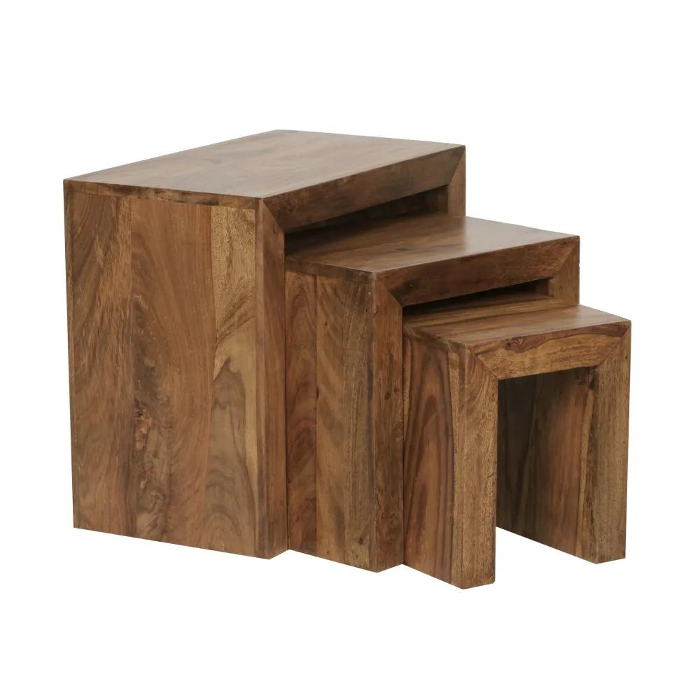 FineBuy 3er Set Satztisch Massiv-Holz Wohnzimmer-Tisch Landhaus-Stil Beistelltisch dunkel-braun Naturholz Couchtisch Natur-Produkt Wohnzimmermöbel Unikat Massivholzmöbel Echtholz Anstelltisch
