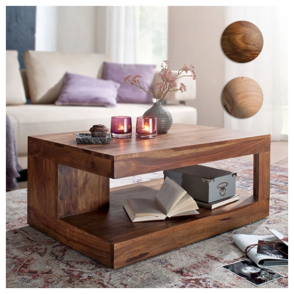 FineBuy Couchtisch Massiv-Holz 90 cm Design Wohnzimmer-Tisch dunkel-braun Landhaus-Stil Beistelltisch Farbe wählbar