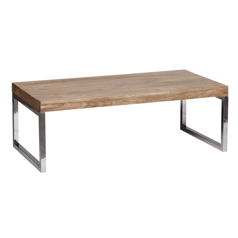 FineBuy Couchtisch Massivholz 120cm · Rechteckiger Wohnzimmertisch mit verchromtem Kufengestell · Handgefertigter Sofatisch im modernen Industrial Design