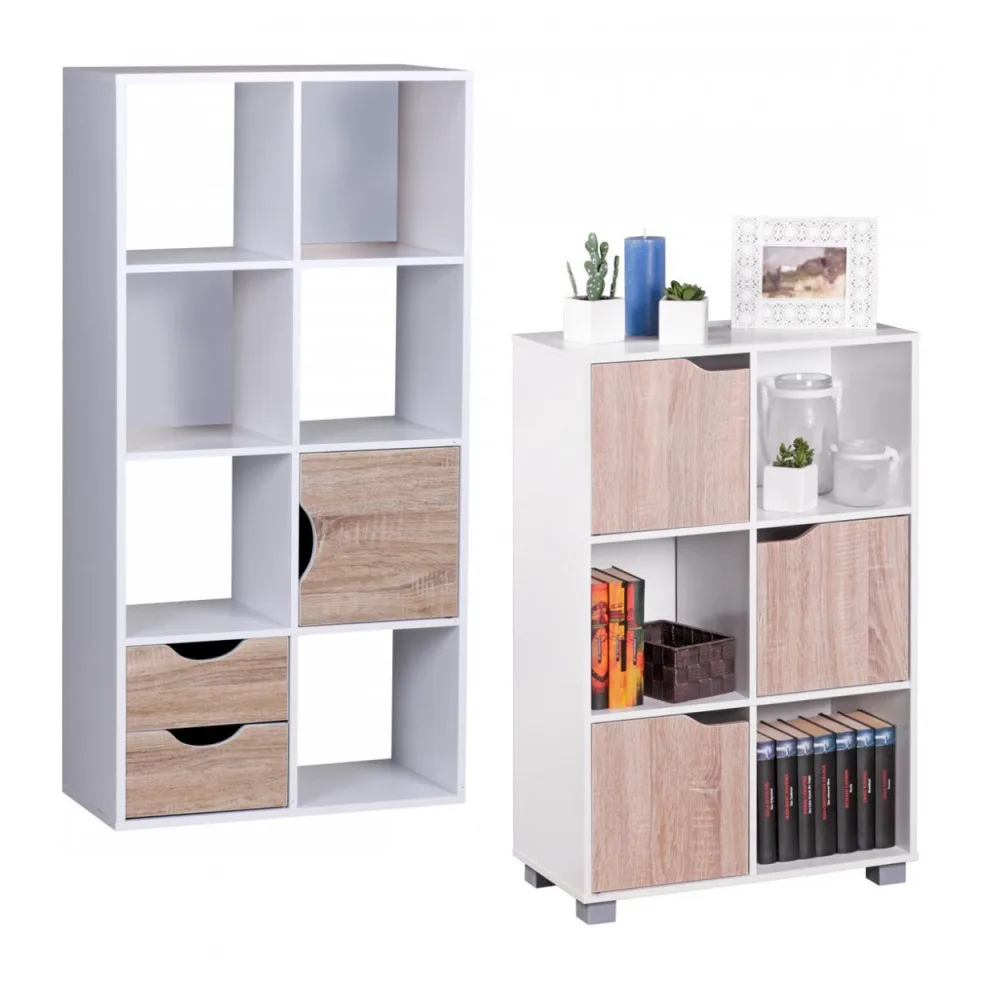 FineBuy Design Bücherregal MASSA Modern Holz Weiß mit Türen Sonoma Eiche Ablagefächer Standregal freistehend Größe wählbar