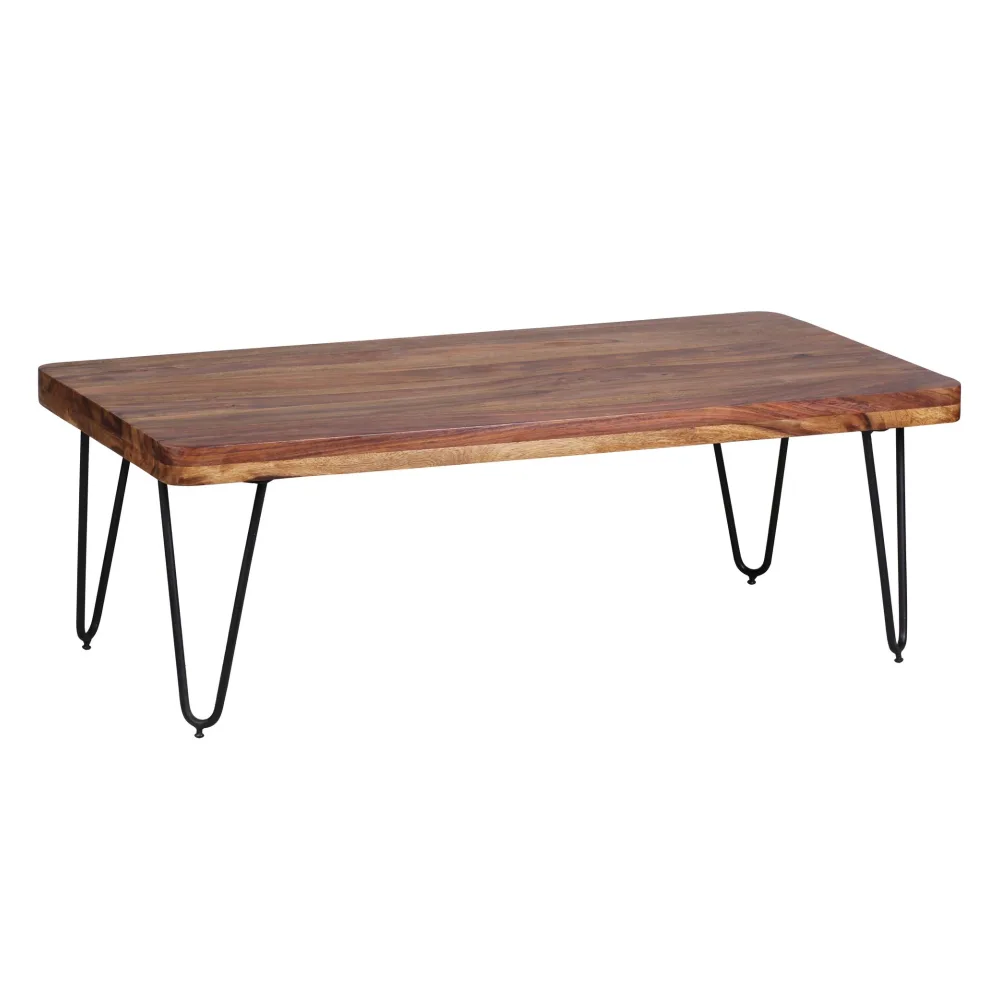 FineBuy Couchtisch Massivholz 115 cm · Rechteckiger Wohnzimmertisch im Industrial Design mit Hairpin Metall Beinen · Handgefertigt
