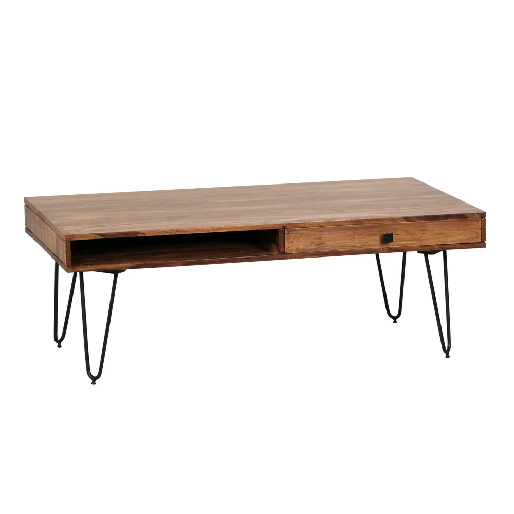 FineBuy Couchtisch Massivholz 110 cm · Industrial Wohnzimmertisch rechteckig mit Hairpin Beinen, 2 Schubladen & Ablagefächern · Handgefertigt