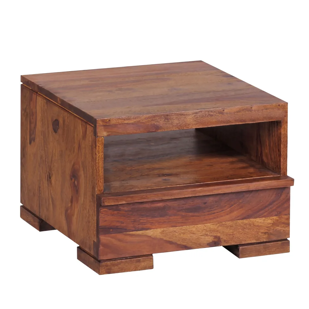 FineBuy Nachttisch Massivholz mit Schublade & Ablagefach – Flache Landhaus Nachtkommode für Schlafzimmer, Nachtkästchen mit Stauraum für Futon Betten – 40x40x30 cm