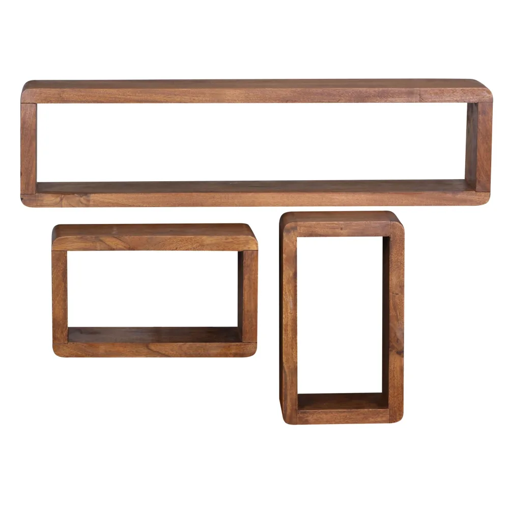 FineBuy Design Wandregal 3er Set Massiv Holzregale Landhausstil, Rustikales Wandregal-Set Holz, Hängeregal Viereckig Echtholz, Wand-Regale, Hängend Würfel, Regal Wandkästen Eckig