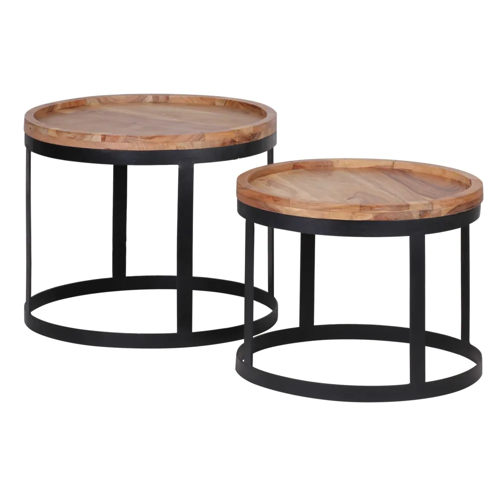 FineBuy Couchtisch 2er Set Massivholz rund · Wohnzimmertisch Set mit schwarzem Metallgestell · Handgefertigte Massivholztische im modernen Industrial Design