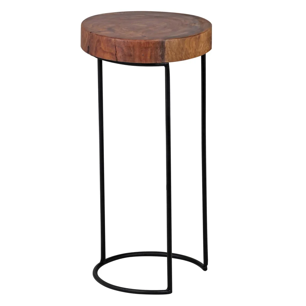 FineBuy Beistelltisch Massiv-Holz Wohnzimmer-Tisch Metallbeine Landhaus Baumstamm-Form Echt-Holz Natur Farbe wählbar