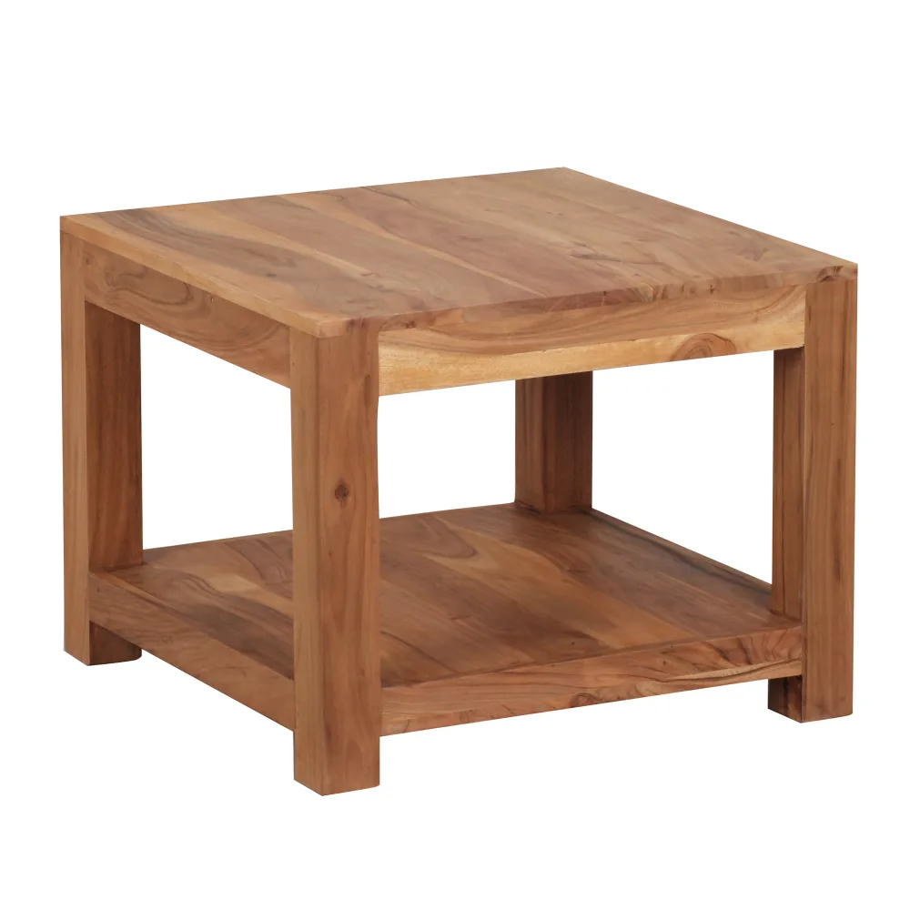 FineBuy Couchtisch Massivholz 60x60 cm · Quadratischer Wohnzimmertisch mit Ablage · Handgefertigter Echtholztisch im natürlichen Design