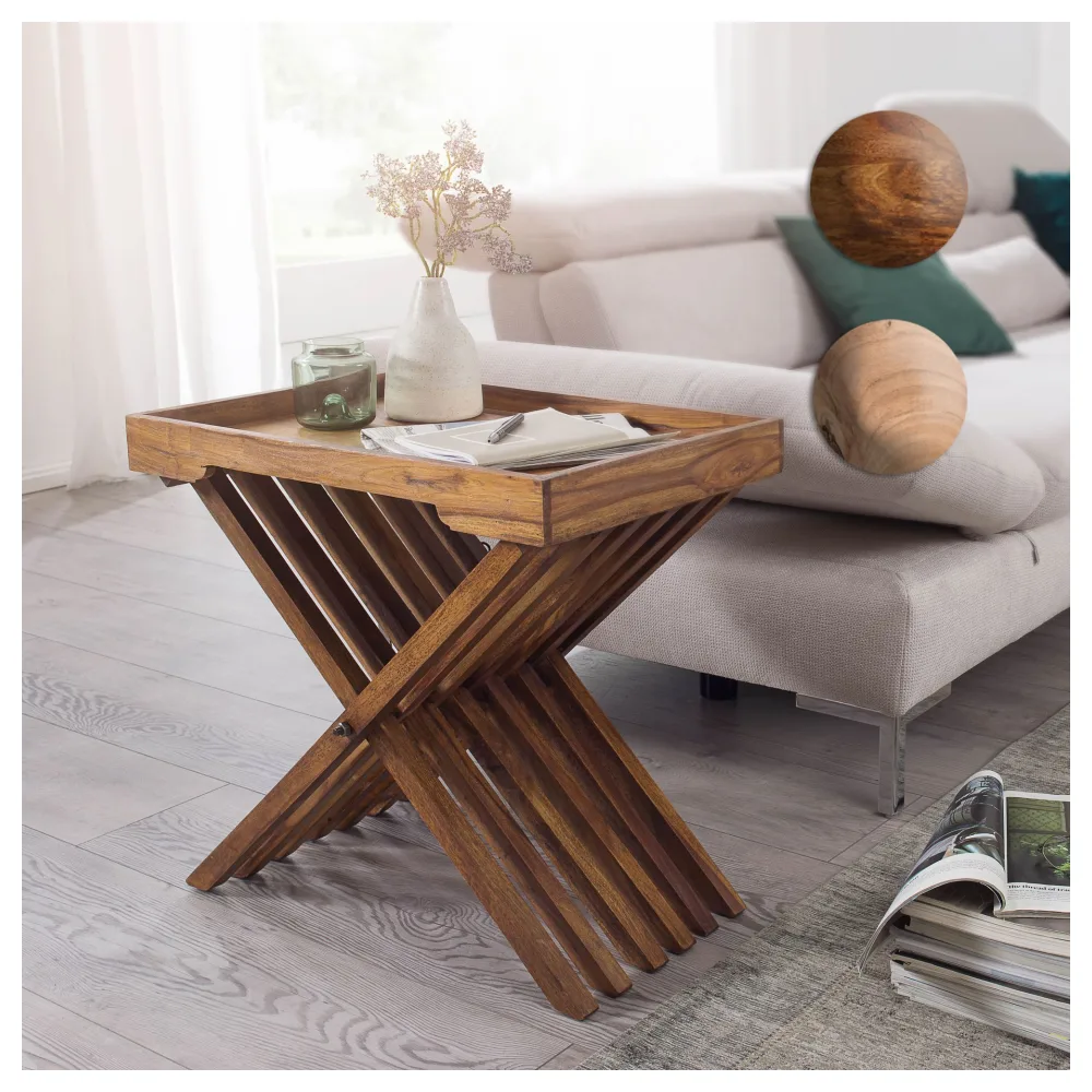 FineBuy Beistelltisch Massivholz Design Klapptisch Serviertablett und Tisch-Gestell klappbar Landhaus-Stil Couchtisch Echt-Holz Natur-Produkt