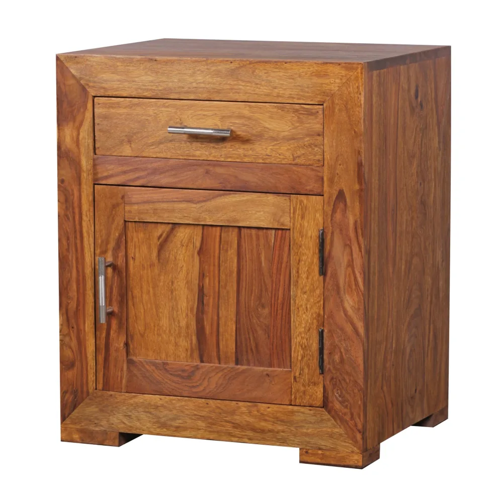 FineBuy Nachtkästchen Massivholz mit Stauraum – Nachttisch mit Schublade & Tür, handgefertigt, Schlafzimmer Nachtkommode Boxspringbett 50x40x60 cm